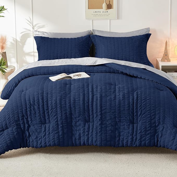 HYMOKEGE Navy Blue/Light Grey Twin XL Comforter Set Seersucker 5 Pieces - Image 7