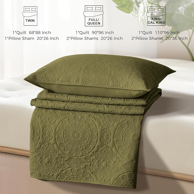 WURUIBO Olive Green Quilt Set Twin Size, Embossing Microfiber Bedspreads - Image 7