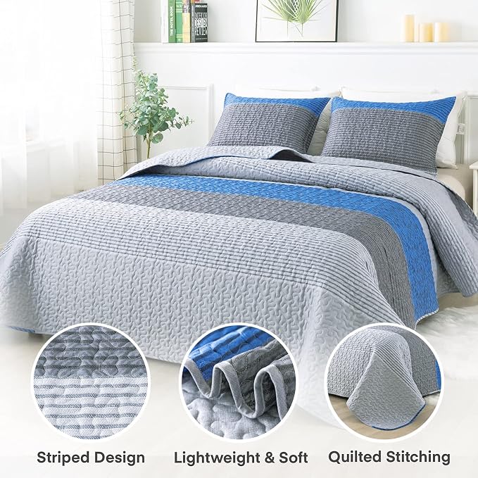 Andency Stripe Quilt Set Queen, 3 Pieces Blue and Grey Patchwork Bedspread - Image 2