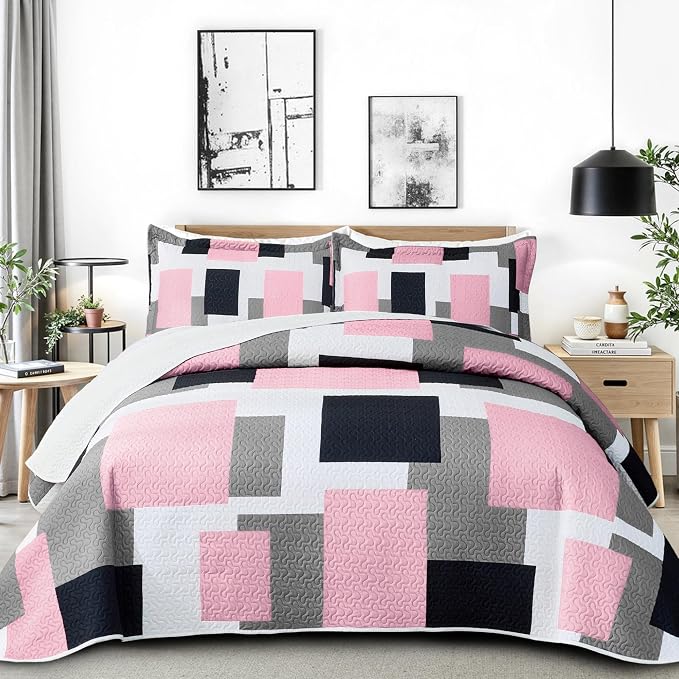 Tyrot 2 Piece Pink Grey Quilt Set Twin Size Pink Gray White Geometric by TyrotHomeDecor