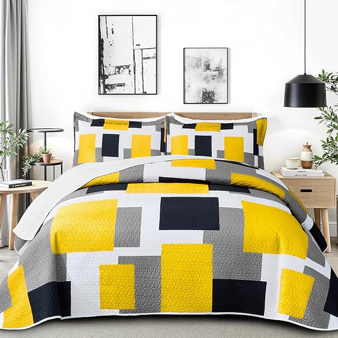 Tyrot 3 Piece Yellow Grey Quilt Set King Size Yellow Gray White Geometric by TyrotHomeDecor