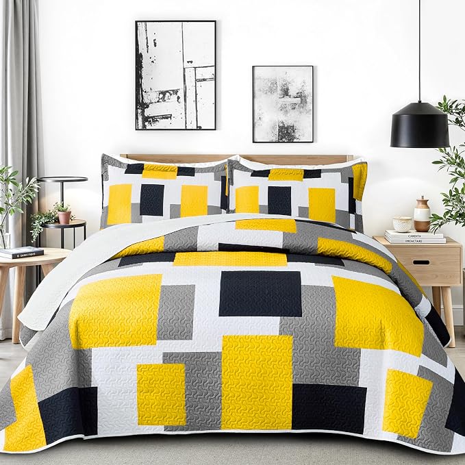 Tyrot 3 Piece Yellow Grey Quilt Set Full/Queen Size Yellow Gray White Geometric by TyrotHomeDecor