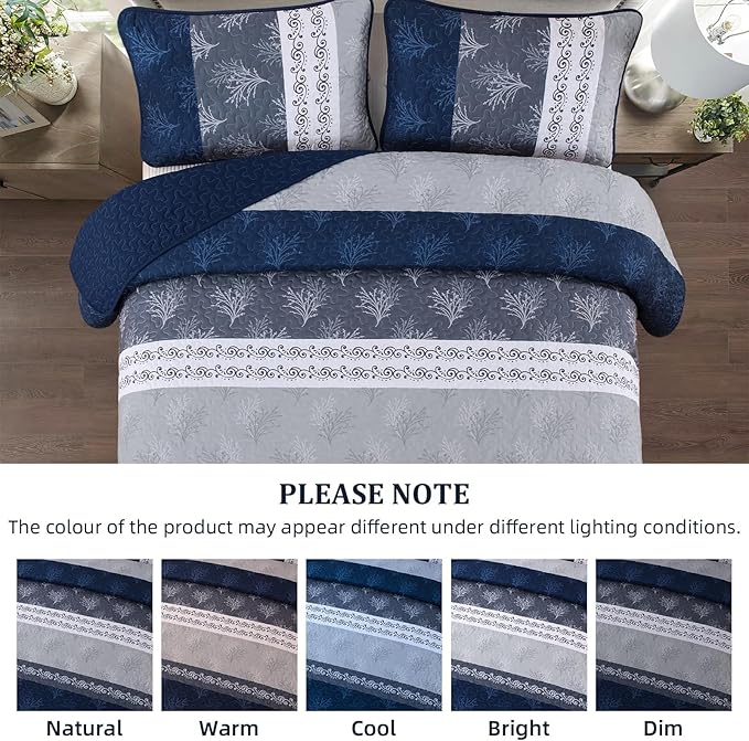 DJY Stripe Quilt Set Queen Size Navy Blue Bedspread Coverlet Set 3 Pieces Boho - Image 4