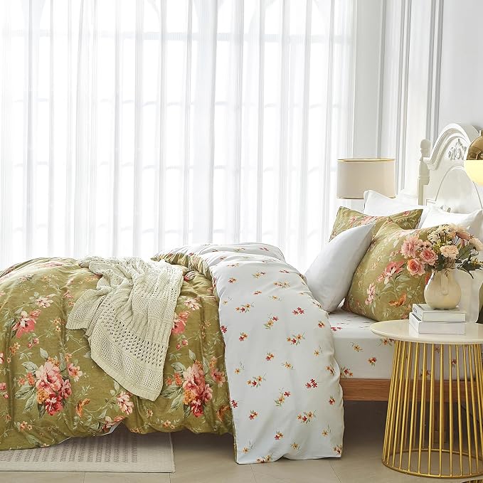 mixinni Duvet Cover Queen Size, Long Staple Cotton Reversible Green Floral - Image 3