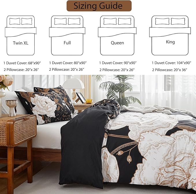mixinni Floral Duvet Cover King Size, 3 Pieces White Flowers and Gold Leaves - Image 4