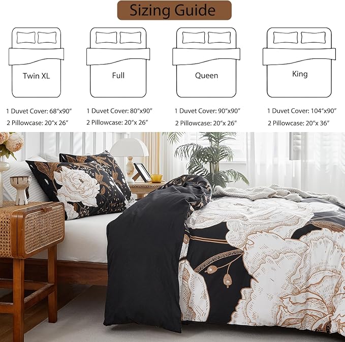mixinni Black Floral Duvet Cover Full Size, 3 Pieces Garden Style Botanical - Image 4
