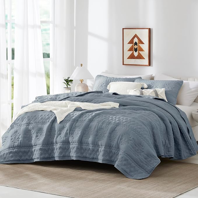 WDCOZY Boho Blue Grey Oversized California Cal King Size Quilt Bedding Sets - Image 2