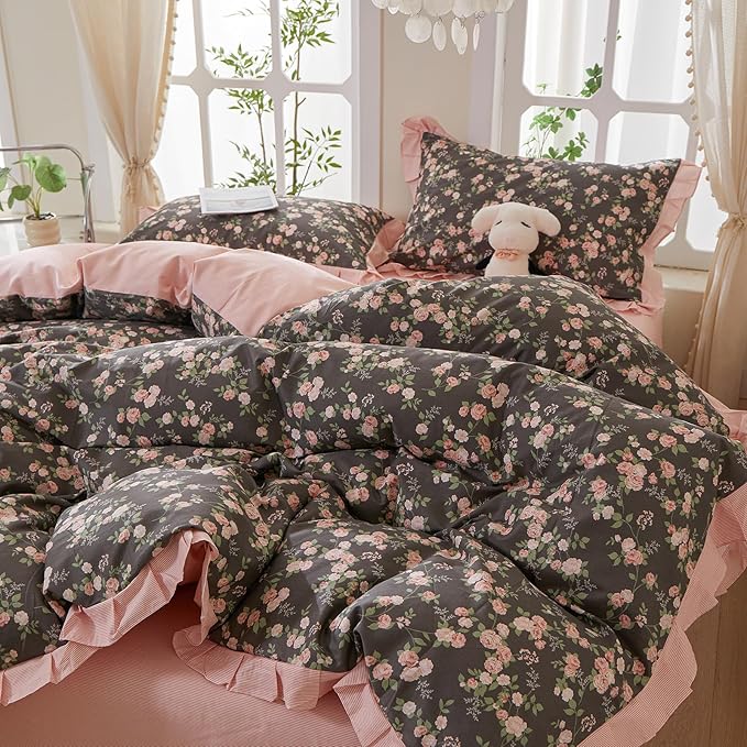 mixinni Vintage Floral Duvet Cover Set Queen Size – 100% Cotton Ruffle Lace - Image 4
