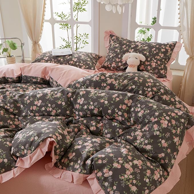 mixinni Vintage Floral Duvet Cover Set Twin Size – 100% Cotton Ruffle Lace - Image 4