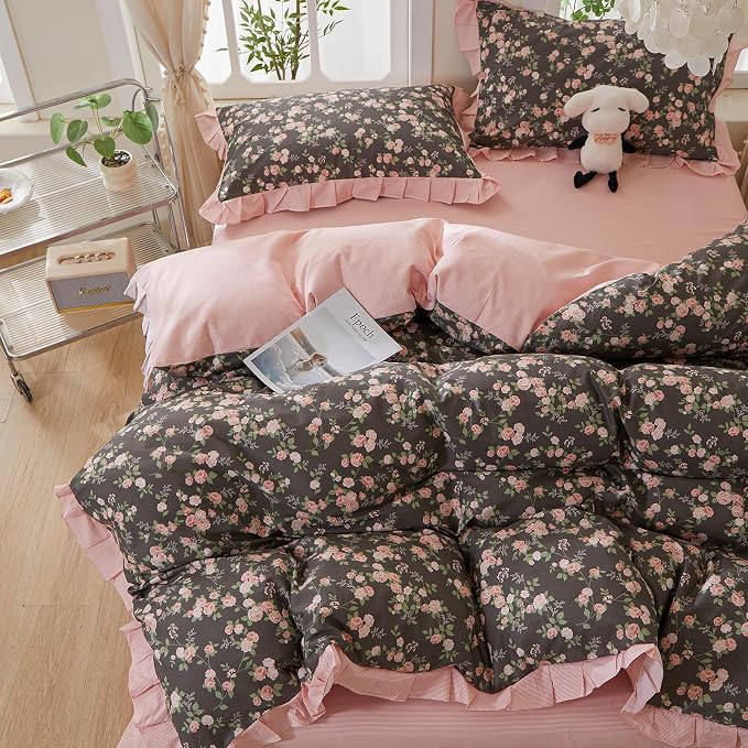 mixinni Vintage Floral Duvet Cover Set King Size – 100% Cotton Ruffle Lace - Image 5