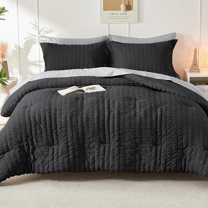 HYMOKEGE Black/Light Grey Full Size Comforter Sets Seersucker 7 Pieces - Image 7