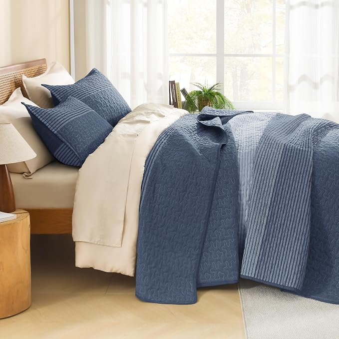 Litanika Oversized King Quilt Set Sapphire Blue, 120x98 Stripe Bedspread - Image 2