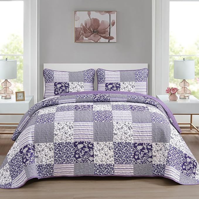 Mybedsoul Purple Quilt Set King Size Quilt Bedding Set Brown Plaid, 3 Pieces by Mybedsoul