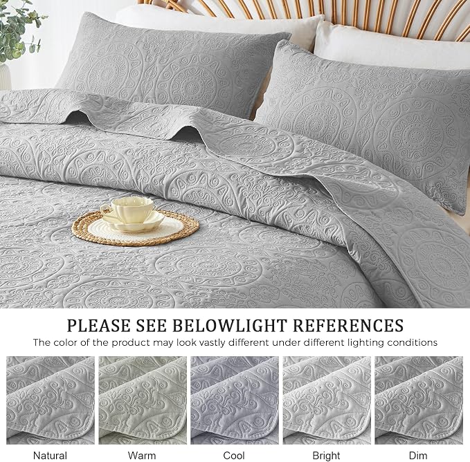 WURUIBO Light Gray Quilt Set Twin Size, Embossing Microfiber Bedspreads - Image 5