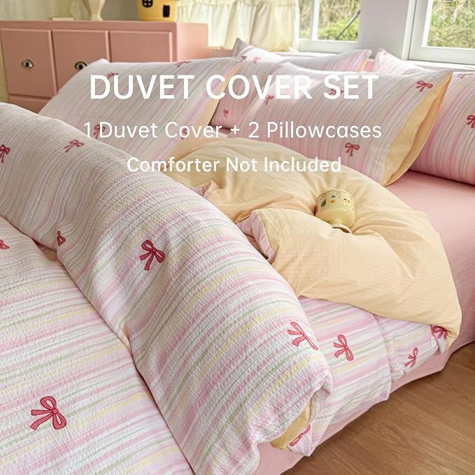 BOLINLIVING Pink Bow Duvet Cover Queen Size, Girls Cute Striped Bowknot Yellow - Image 6