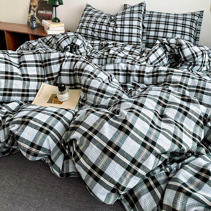 mixinni Vintage Grey & Pale Blue Buffalo Plaid Duvet Cover Set Full Size - Image 7