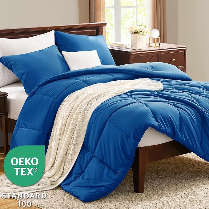 CozyLux Oversized Queen Comforter Set, 3 Pieces Classic Blue 98x98 Box Stitched - Image 3