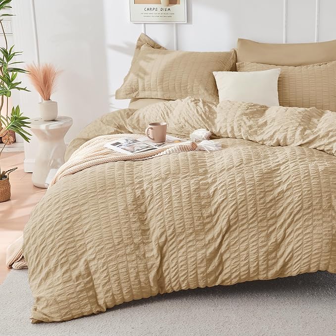 HYMOKEGE Khaki Duvet Cover Queen Size, Ultra Soft 3-Piece Seersucker Duvet by HYMOKEGE