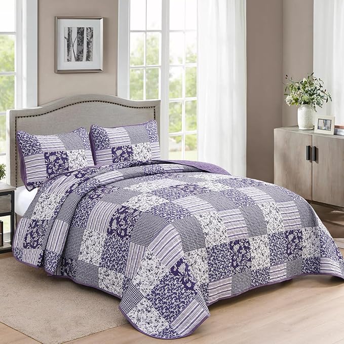 Mybedsoul Purple Quilt Set California King Size, 3 Pieces Boho Plaid Floral - Image 2