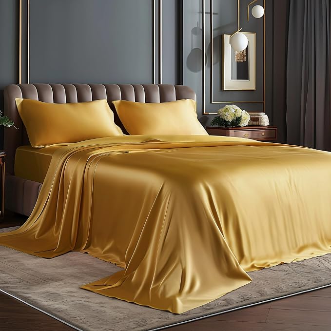 BEDELITE Satin Sheets Twin XL Size Bed Set, Luxury Soft Gold Silky Sheets by BEDELITE