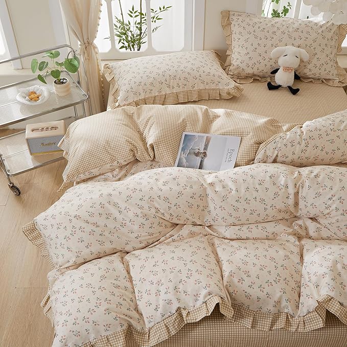 mixinni Beige Floral Duvet Cover King Size, 100% Cotton Cute Strawberry Floral - Image 5