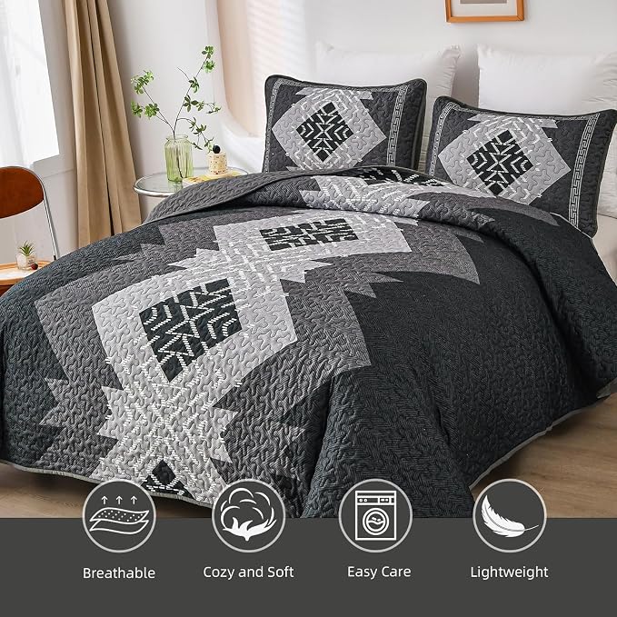 Dintszyayue Black Quilt Set Boho King Size, 3 Piece Aztec Texture Bedspread - Image 3