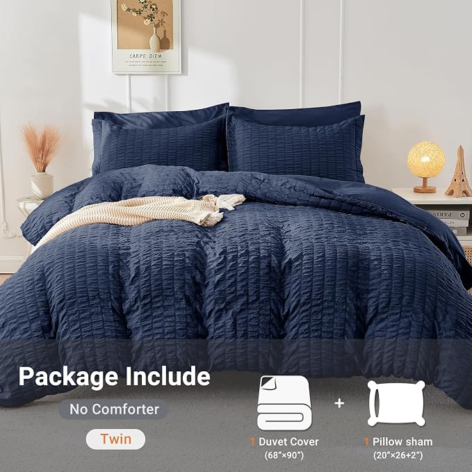 HYMOKEGE Navy Blue Twin Size Duvet Cover, Ultra Soft 2-Piece Seersucker Duvet - Image 5