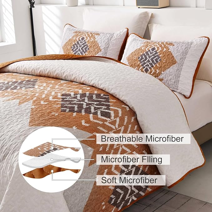 Dintszyayue Burnt Orange Quilt Set Boho California King Size, 3 Piece Aztec - Image 5