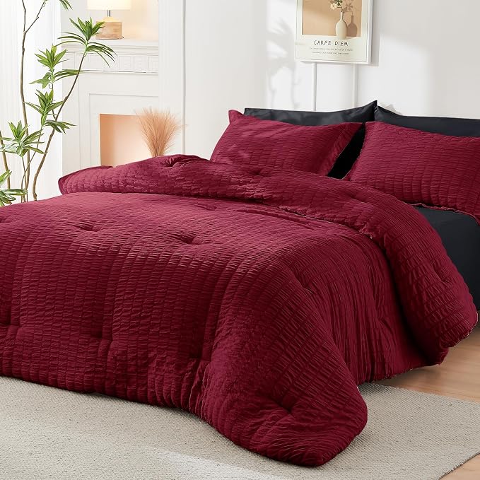 HYMOKEGE Red & Black Queen Comforter Set Seersucker 7 Pieces, All Season Luxury - Image 7