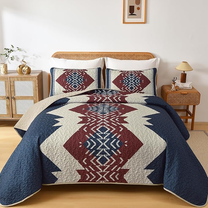 Dintszyayue Blue and Red Quilt Set King Size Boho, 3 Piece Aztec Texture - Image 9