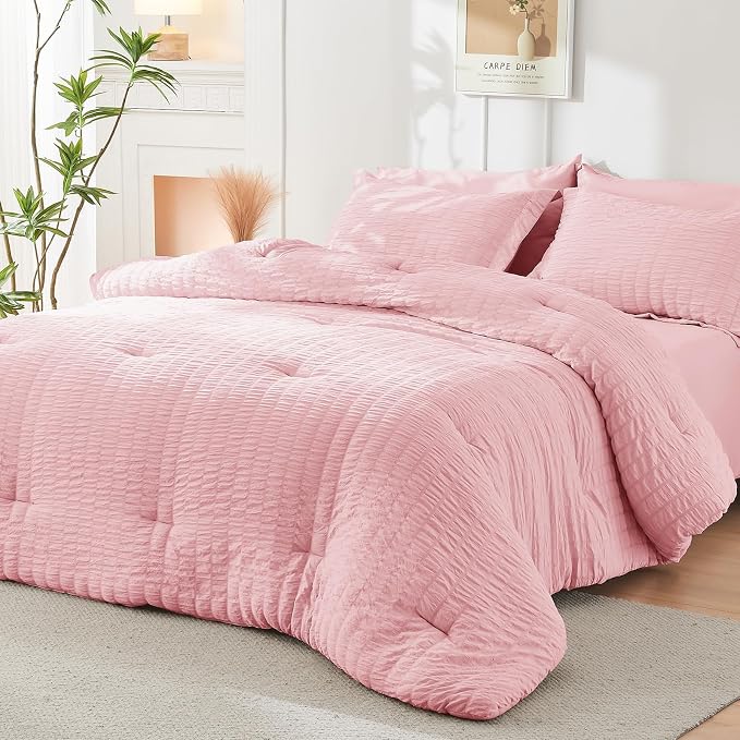 HYMOKEGE Pink Full Size Comforter Sets Seersucker 7 Pieces, All Season Luxury - Image 8