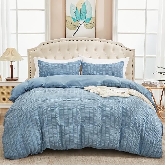 AveLom Grayish Blue Duvet Cover Full, 3 Pieces, Seersucker Tripe Soft Washed by AveLom