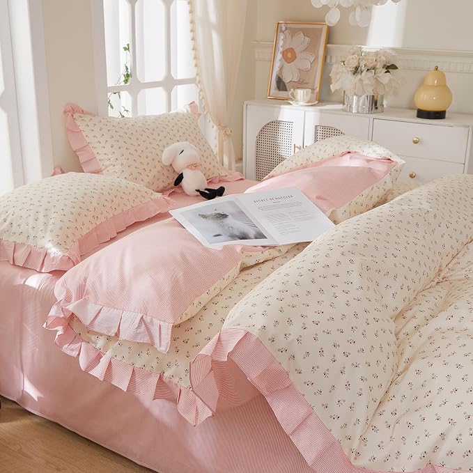 mixinni Pink Floral Duvet Cover Set Twin XL Size – 100% Cotton Ruffle Lace - Image 4
