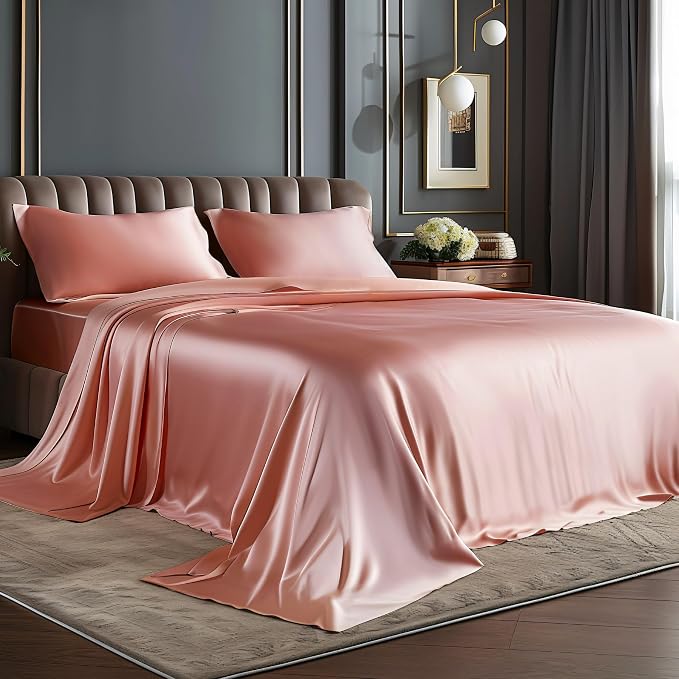 BEDELITE King Size Sheets Set, Luxury Soft Rose Pink Satin Sheets by BEDELITE