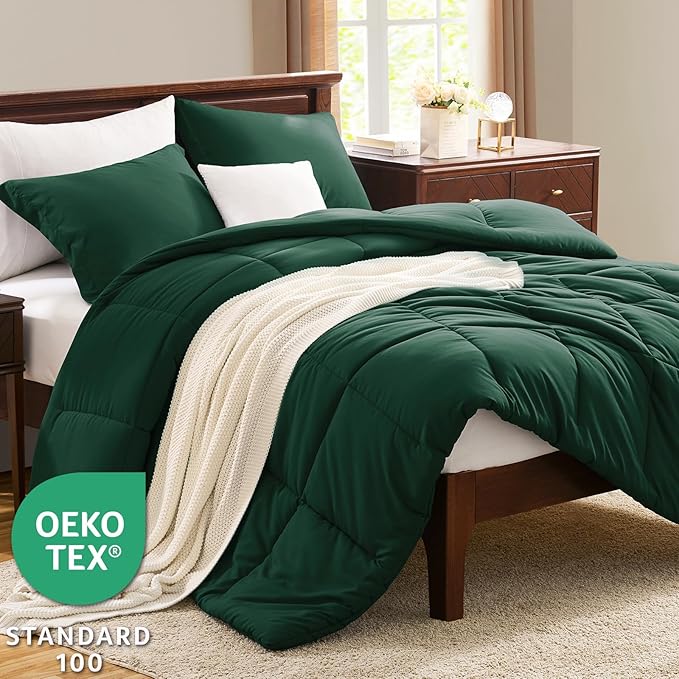 CozyLux Oversized Queen Comforter Set, 3 Pieces Emerald Green 98x98 Box - Image 3