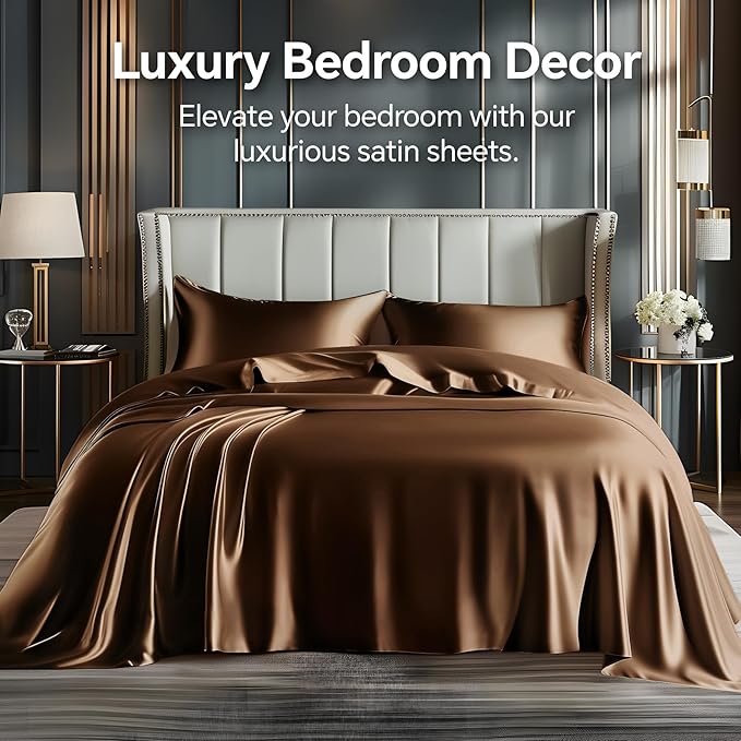 BEDELITE Satin Sheets Twin XL Size Bed Set, Luxury Soft Brown Silky Sheets - Image 2
