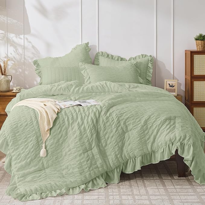 JOLLYVOGUE Sage Green Twin Size Comforter Set, 2 Pieces Seersucker Lightweight by JOLLYVOGUE