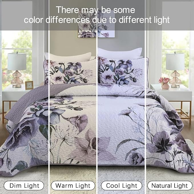 Drucon Purple Floral Quilt Set King Size 3 Pieces Purple Botanical Flower Quilt - Image 5