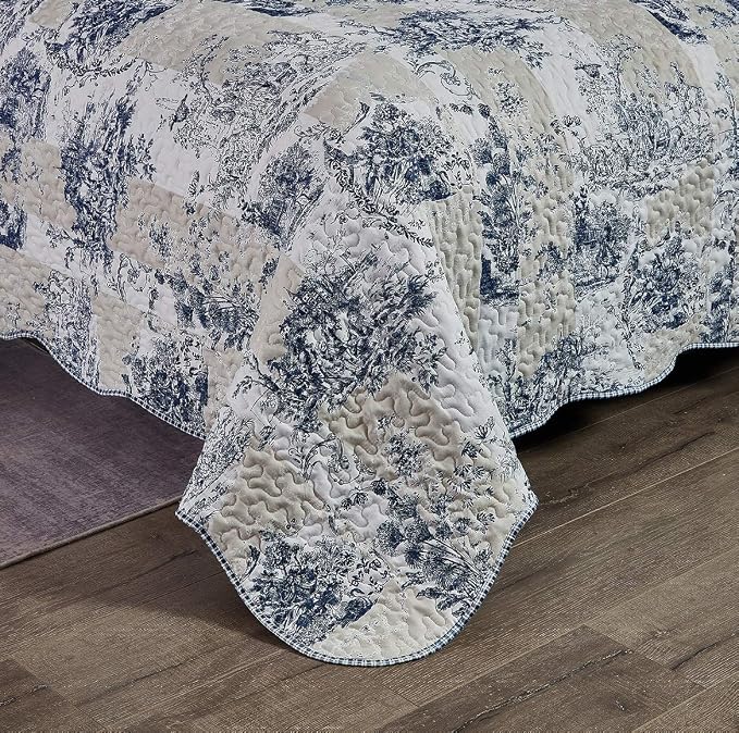 Brilliant Sunshine Blue Toile in Beige and Ivory Patches, 3-Piece Quilt Set - Image 6
