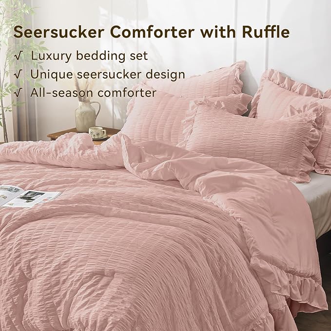 JOLLYVOGUE Full Size Comforter, 3 Pieces Rose Gold Seersucker Lightweight Full - Image 3