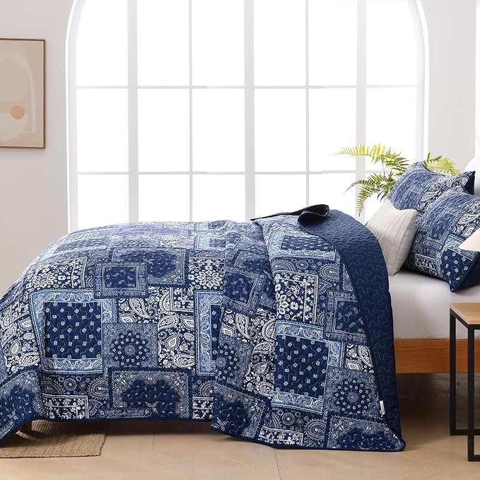 Cottolester Blue Patchwork Quilt Set King Size, Boho Navy Blue Quilt Set - Image 6