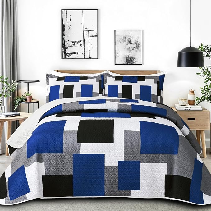 Tyrot 3 Piece Blue White Grey Quilt Set California King Size Black White by TyrotHomeDecor