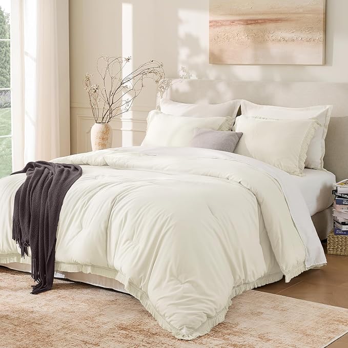 Andency King Size Comforter Set Ivory, 3 Pieces Boho Soft Lightweight Bedding by Andency