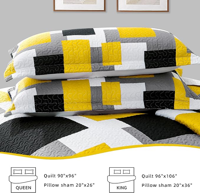 Tyrot 3 Piece Yellow Grey Quilt Set California King Size Yellow Gray White - Image 7