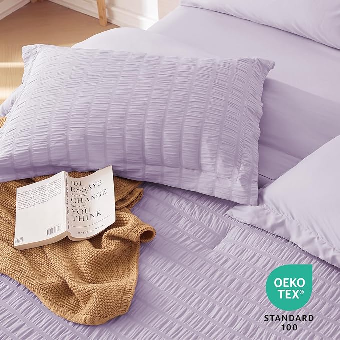 MUXHOMO 7 Pieces Queen Comforter Set, Seersucker Bed in a Bag Queen Size - Image 9