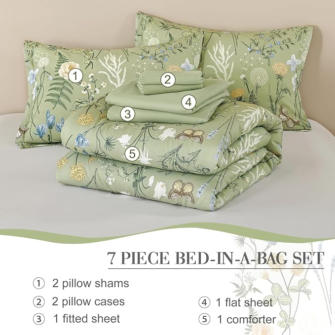 Yiran Sage Green Floral Comforter Set King Size, 7 Piece Botanical Comforter - Image 8