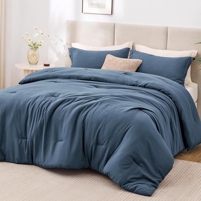 Love's cabin Navy Blue Full Comforter Set, 3-Piece Prewashed Bed Set by Lovescabin