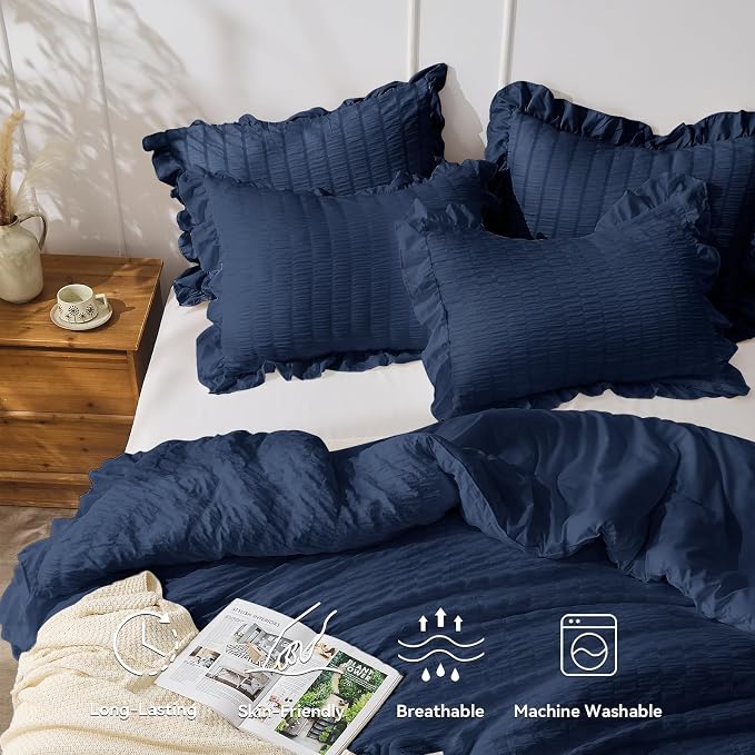 JOLLYVOGUE Navy Blue King Comforter Set, 3 Pieces Seersucker Comforters King - Image 3