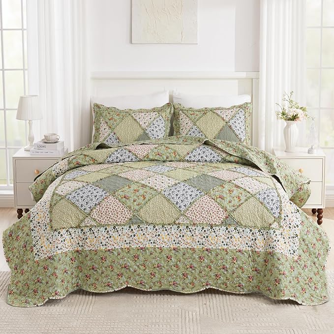 Oversized King Size Green Floral Plaid Patchwork Quilt Set 128x120 Extra Wide - Image 2