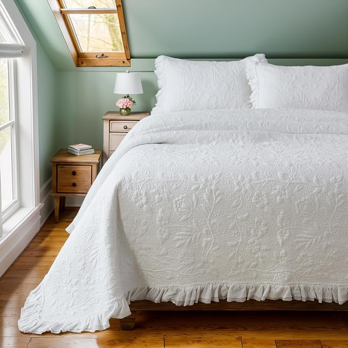 Brandream White Quilts King Size Cotton Matelasse Coverlet Set Cottagecore by Brandream